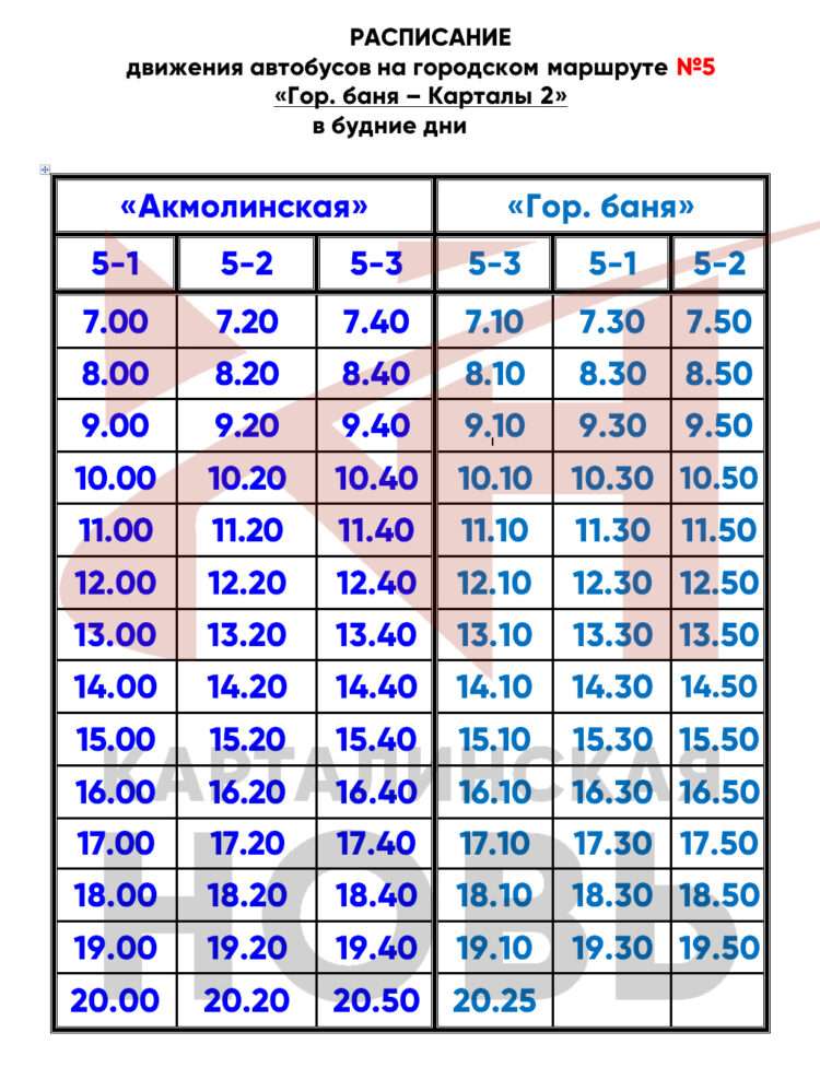 Расписание автобусов в Карталах