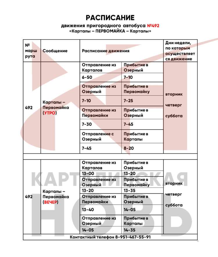 Расписание автобусов в Карталах